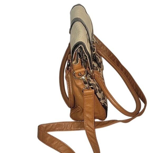 Leopard Print & Faux Croc Leather Satchel Bag With Adjustable Strap & Top Handle - Picture 7 of 9